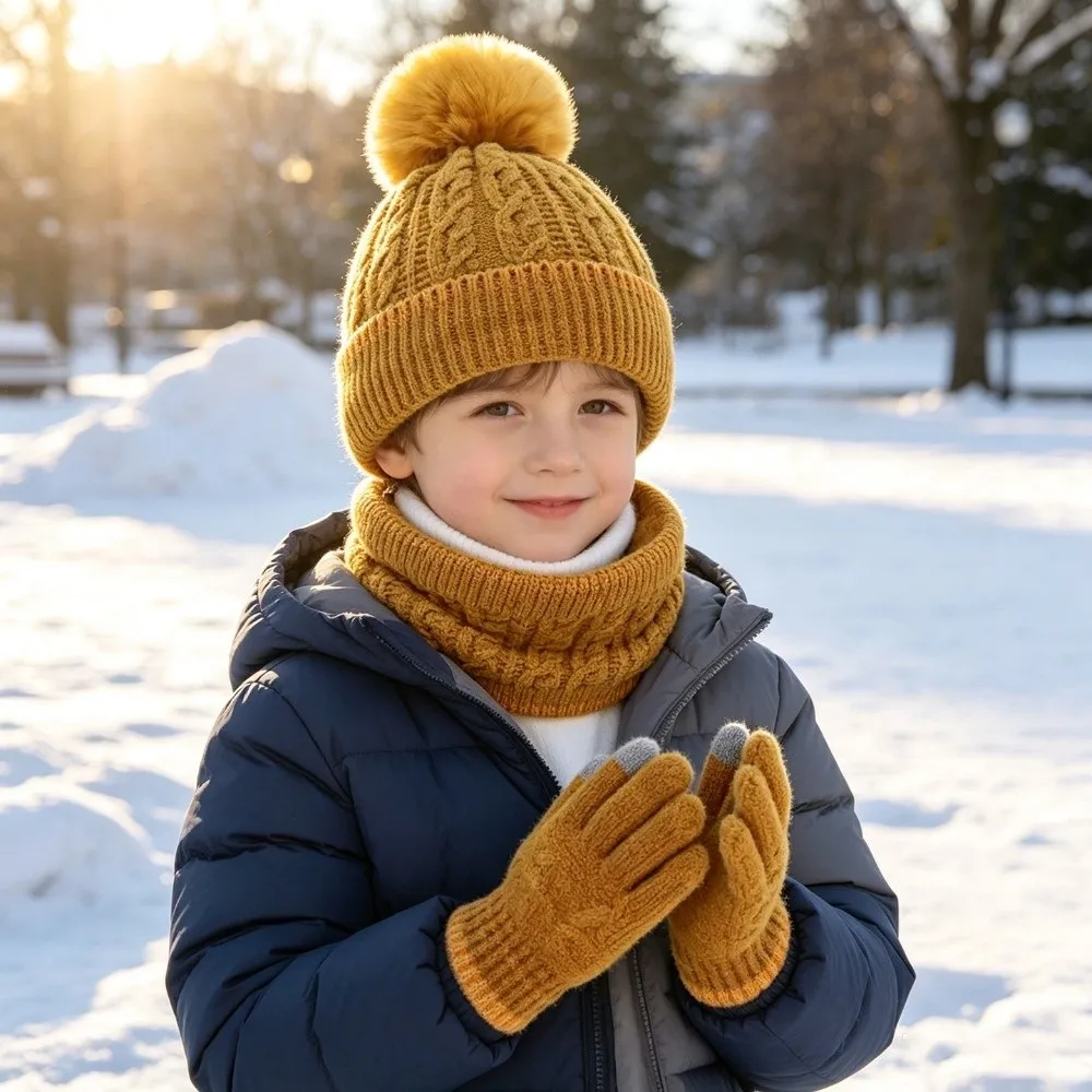 Warm Thicken Knitted Hat Set Windproof Toddler Winter Hat Autumn And Winter Knitted Pompom Hat Set For Children
