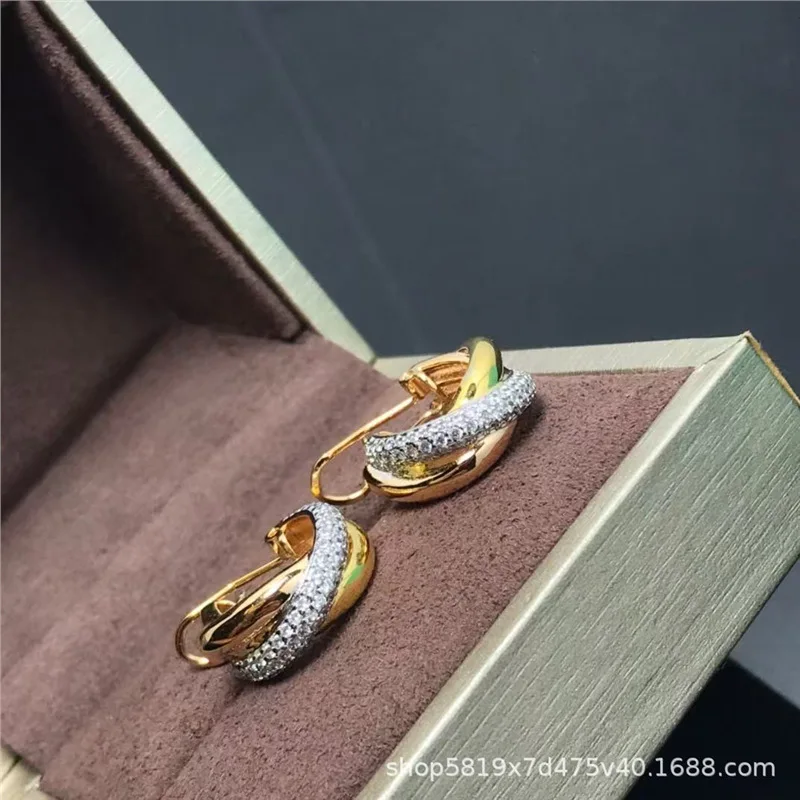 High-quality sterling silver three-ring three-color earrings for women18KGold-plated diamond-embellished European and American l