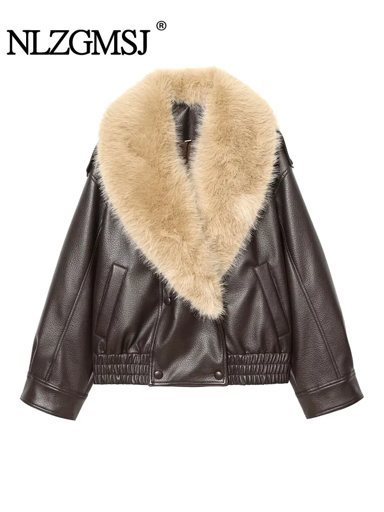 

Nlzgmsj 2025 Autumn Winter Casual Chic Brown Fur Collar Leather Jackets Women Long Sleeve Pockets Coats Fashion Outwear
