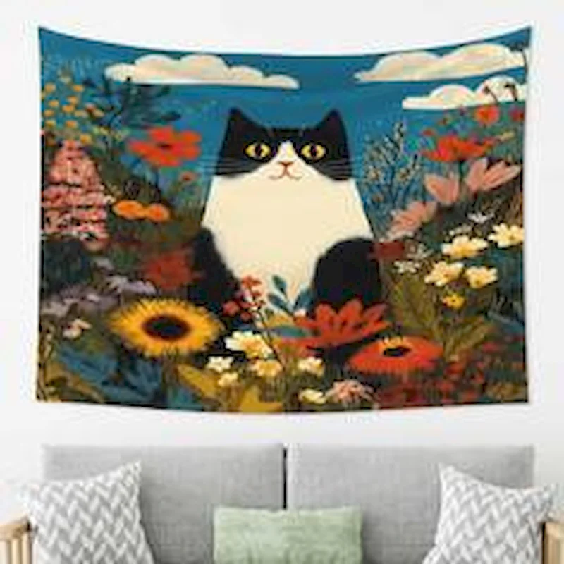 VIKAMA Black Cat Floral Tapestry, Colorful Folk Oil Painting Wall Hanging Home Decor, Vintage Retro Room Decor