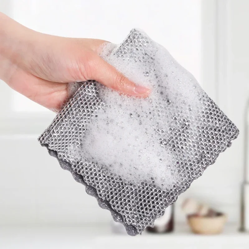 20cm Double-layer Cleaning Cloth Non-stick Oil Kitchen Towel Diamond Shape Microfiber Steel Wire Pot Washing Rags Mesh Dishrag