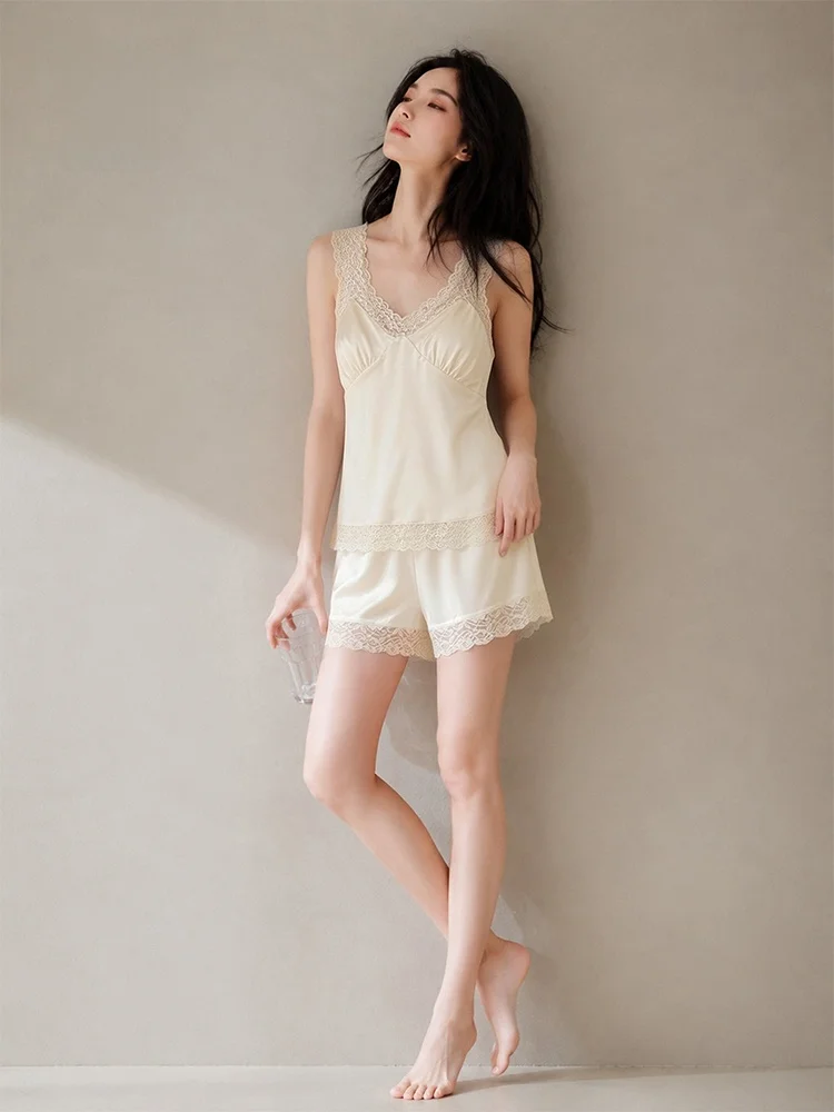 

Retro Lace Water Light Silk Strap Nightgown Women's Home Clothes Sexy Summer Cool Feeling Ice Silk Short Sleeve V-Neck Dress