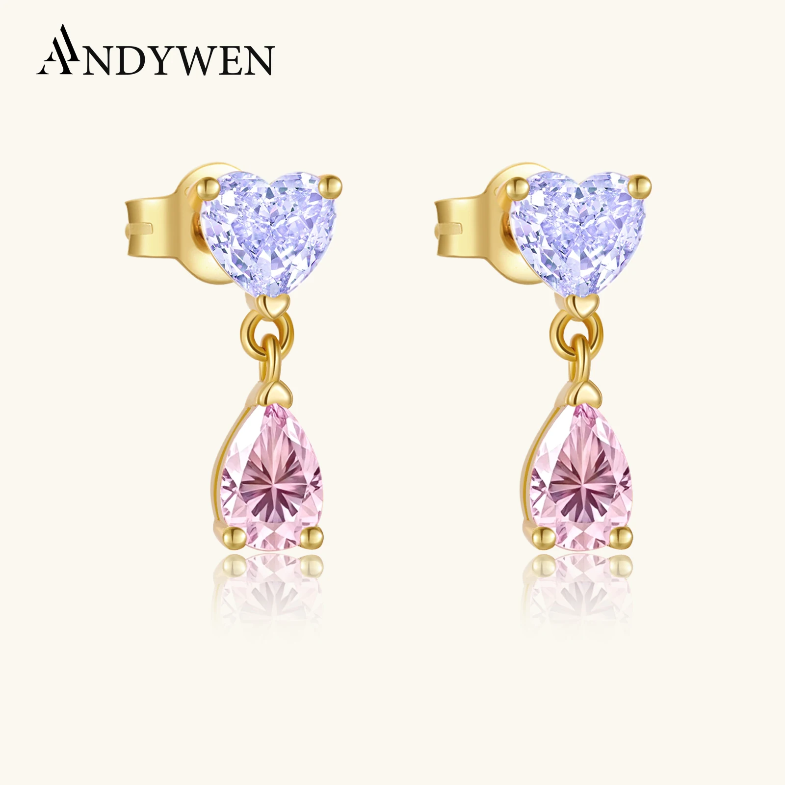 

ANDYWEN 925 Sterling Silver Purple Heart Pink Pear Zircon Drop Earrings 2026 Sweet Cute Women Romantic Party Jewelry Gift