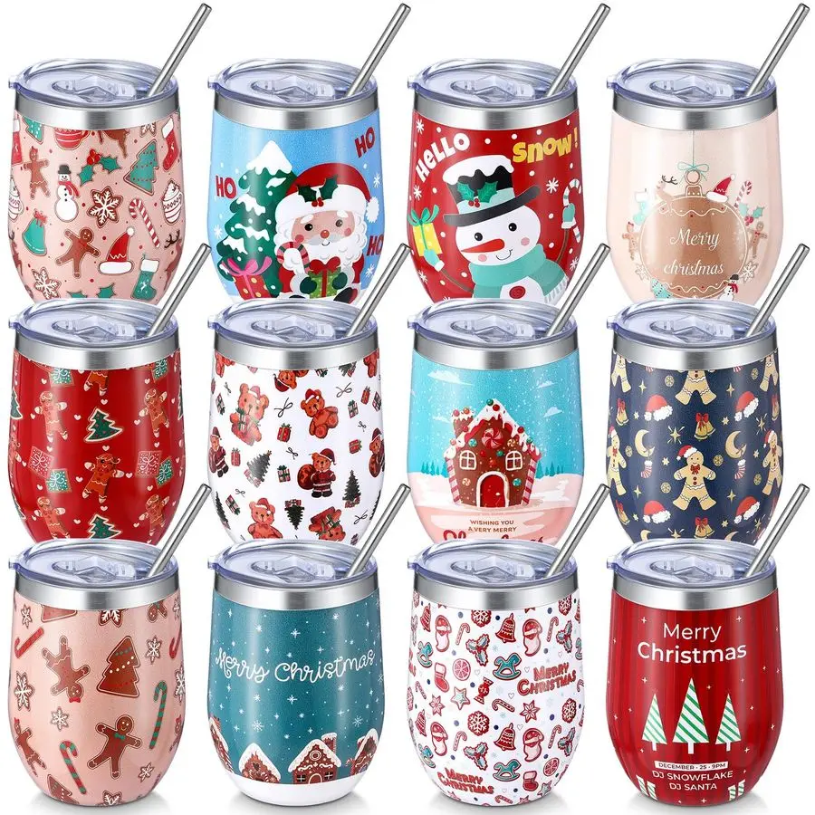 

12 Pack Christmas Wine Tumbler 12 oz Christmas Stainless Steel Wine Glass Gift Tumbler Cup with Straw and Brush Santa Elk Coffee