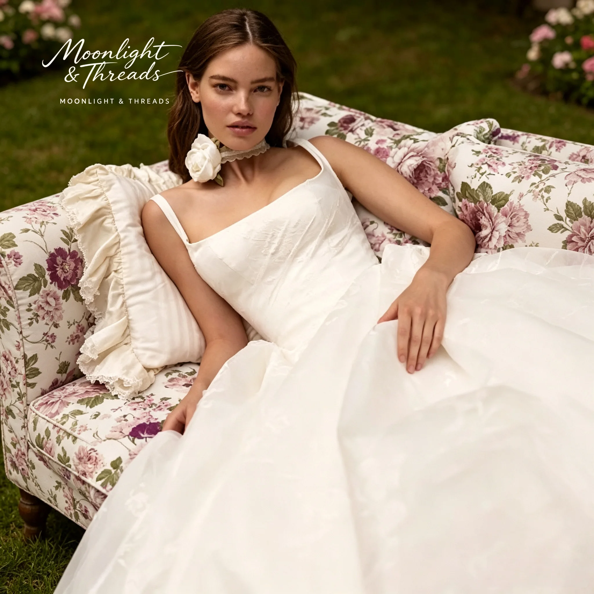 Timeless Square Neck Bridal Wedding Gown Subtle Floral Jacquard Fitted Bodice Full A Line Train