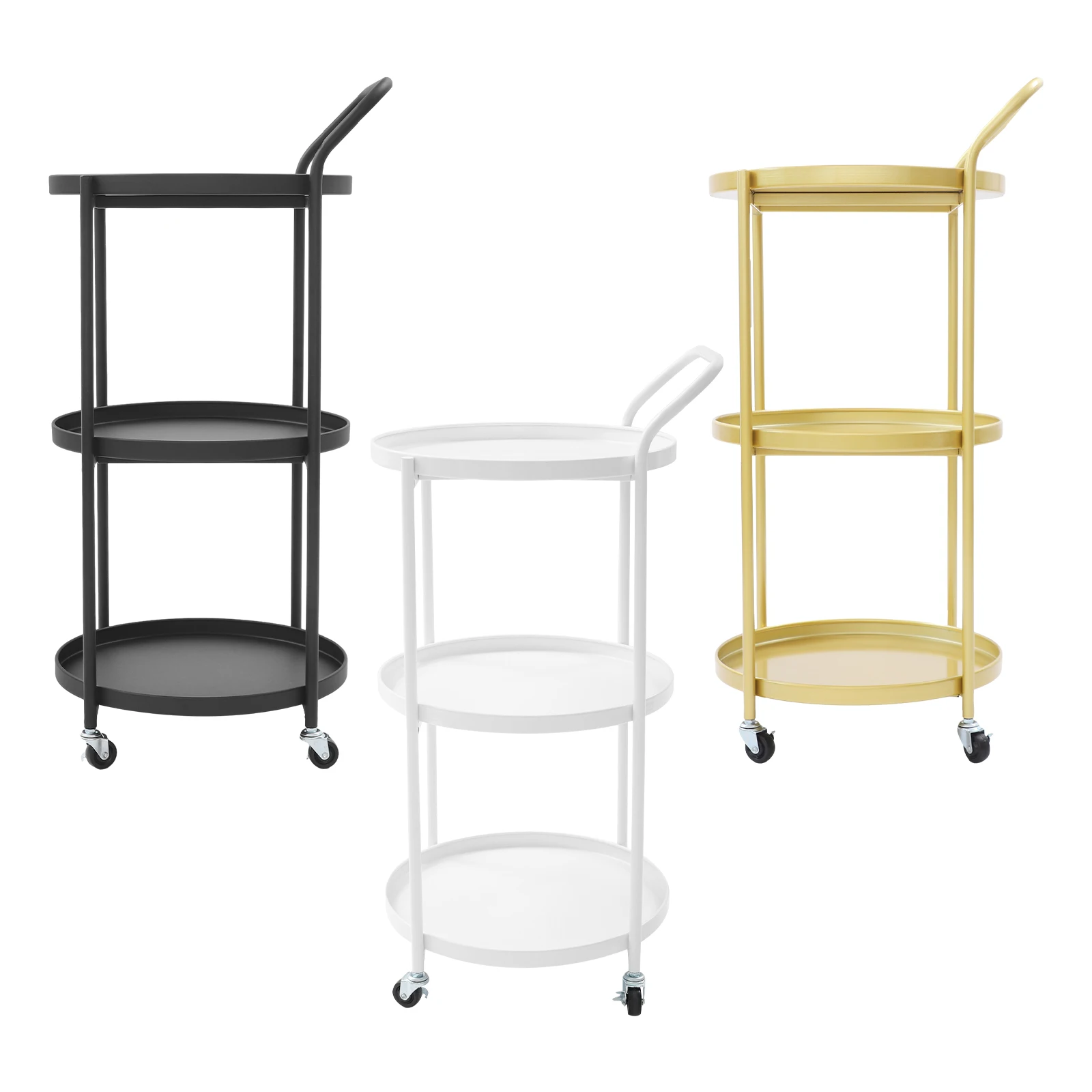 عربة تقديم بإطار معدني مستدير من 3 طبقات باللون الذهبي/الأسود/الأبيض للمطبخ، وغرفة الطعام، وعربة البار الدوارة، وعربة تخزين متنقلة