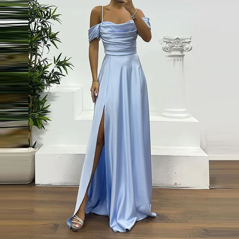 Abito elegante con bretelle drappeggiato con spalle scoperte Abiti slim solidi senza maniche sexy senza maniche Abito da festa lungo in raso a vita alta