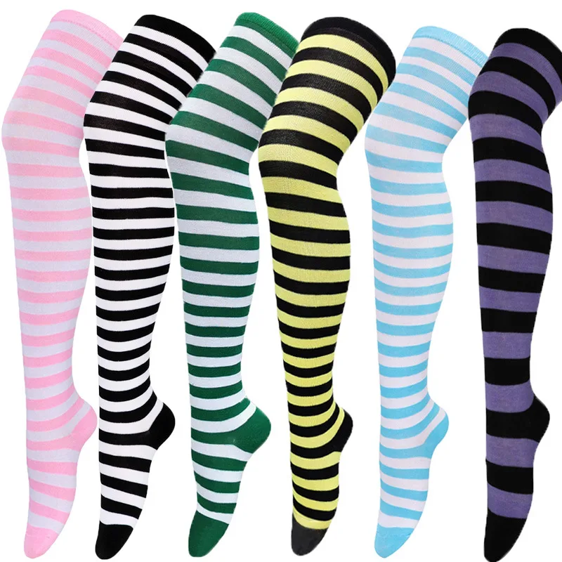 Over Knee Long Socks Fashion Stripe Printed Cotton Stockings Japanese Color Girl Striped Sock Women Sexy Thigh High Warm Hosiery