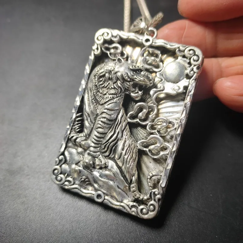Vintage Tibetan Silver White Copper Zodiac Tiger Pendant, Retro Antique Two-sided Craft Mountain Tiger Amulet Charm Jewelry