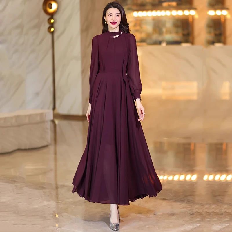 

New Women Elegant Dark Claret Long Dress Fashion Chic O-Neck Long Sleeve High Waist Dress Simplicity Beautiful Long Dress