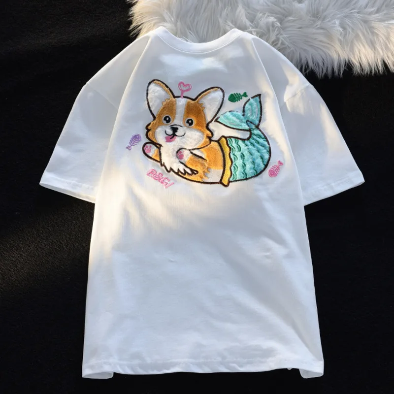 Cartoon Flocking Cute Corgi Dog Embroidered Short Sleeve T-shirt Women Summer Kawaii Casual Tshirt Plush Pattern Tee Shirts