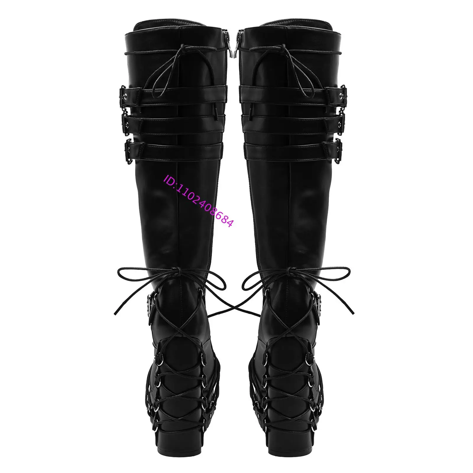 Women Black Leather Punk High Platform Chunky High Heel Belt Buckles Knee Boots 15Cm Block Heel 5Cm Platform Punk Knee Boots