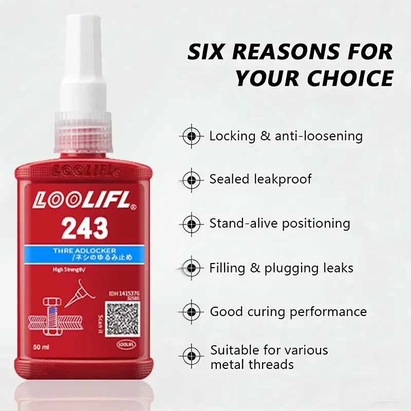 Loolifl 243 Thread Locker Blue Oil Resistant Anaerobic Glue Medium Strength Screw Adhesive Anti-Loose Sealant Removable Metal