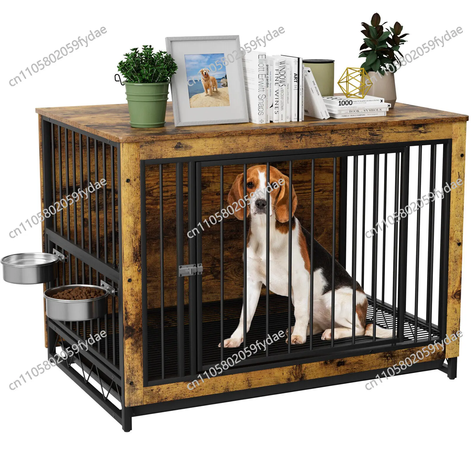 Dog Crate,Wooden Heavy Duty Dog Kennel with Adjustable Raised Feeder for Dogs 2 Stainless Steel Bowls Brown/Gray