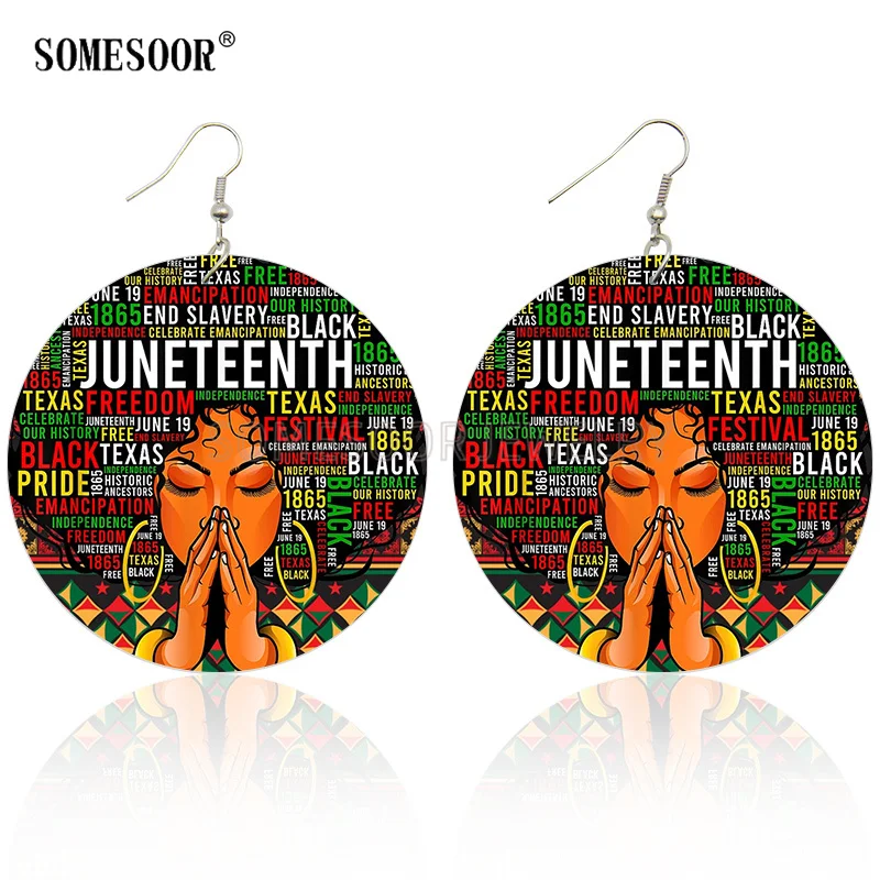 SOMESOOR Celebrate Juneteenth Women Wooden Drop Earrings American Independence Day Printed Fashion Loops Pendant Dangle Jewelry