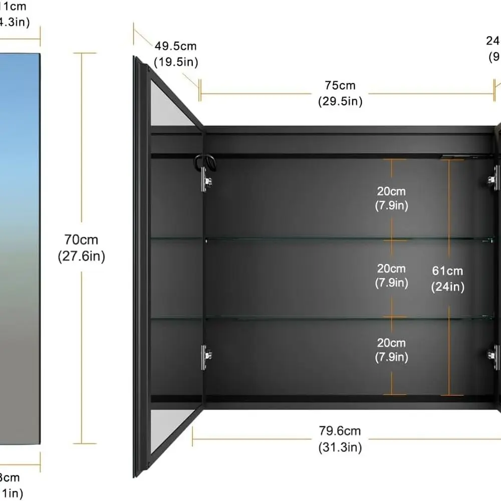 Armoire à pharmacie murale éclairée par LED avec ports USB, désembueur, lumière 3 couleurs, miroir de maquillage à intensité variable, installation facile, 31x
