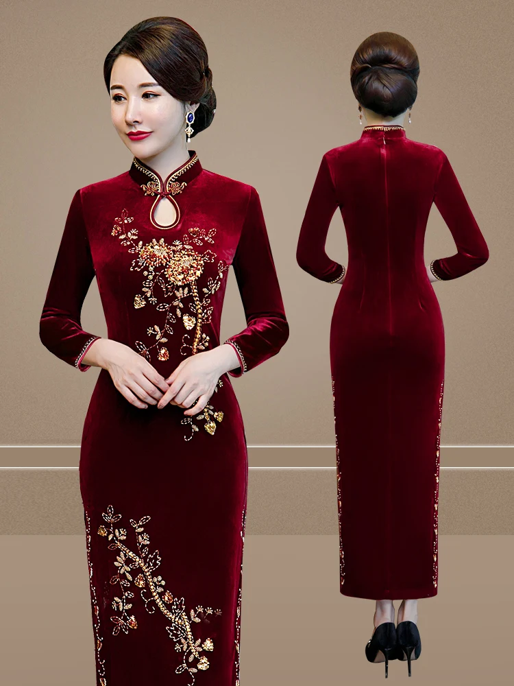 

Элегантное бархатное платье с длинными рукавами для мамы на осенне-зимнюю церемонию, модное, высококачественное, из полиэстера