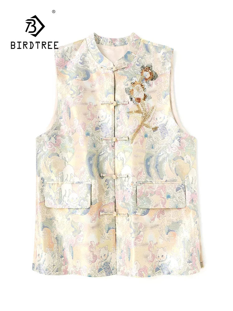 BirdTree-50MM Silk Song Brocade Elegant Vest, O Neck Cartoon Sequined, Women Retro Design Sense Loose Coat, 2026 Autumn C69762CC