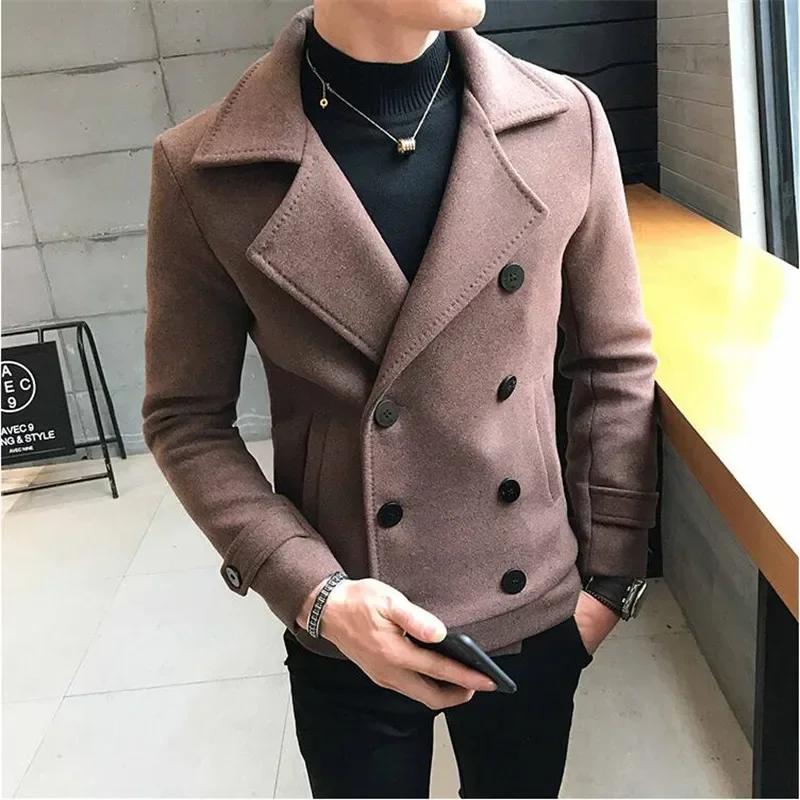 2023 New Fashion Men Double-Breasted Windbreaker Solid Color Slim Short Woolen Coat Winter Casual Warm Windbreaker Coat Size 5XL