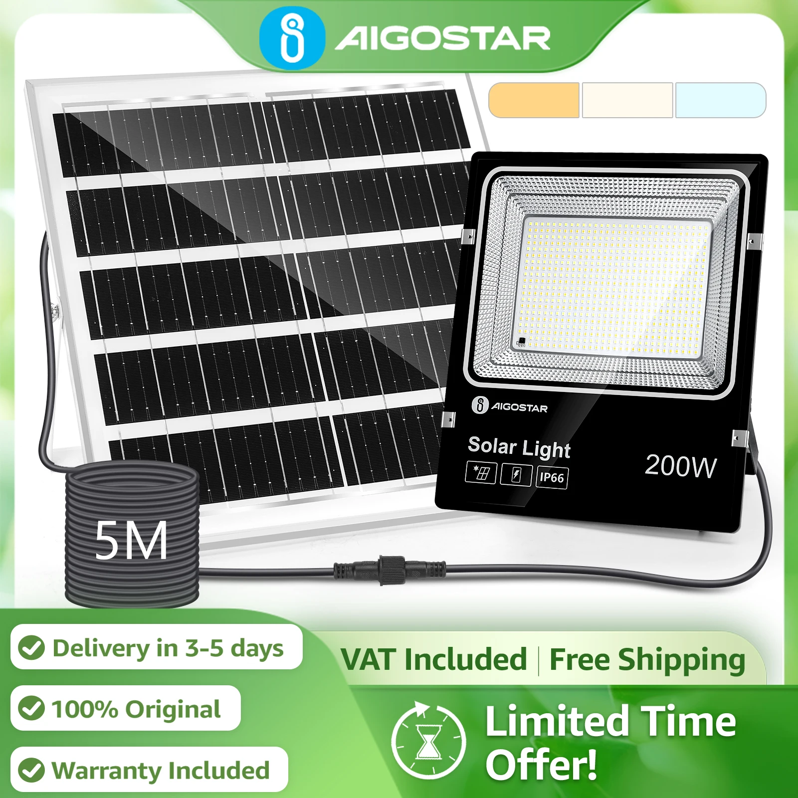 Aigostar Proyector Solar con Mando IP66 | Regulable 3000/4000/6500K | Cable 5M para Jardín, Garaje, Exterior