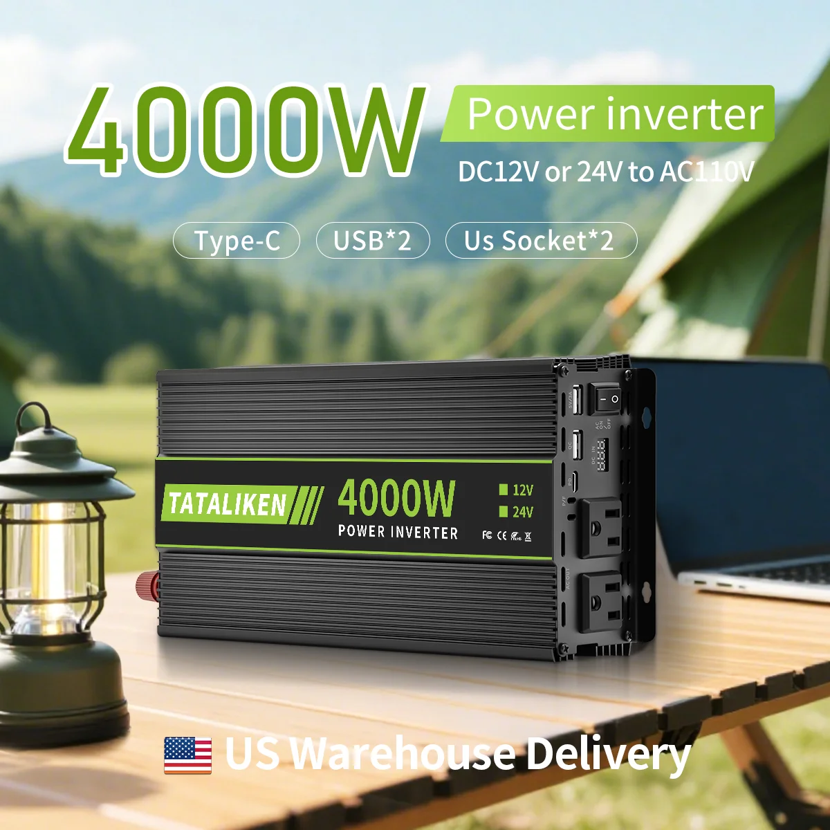 

4000W Car Inverter, DC 12V to AC 110V60HZ power converter with LCD display, suitable for camping