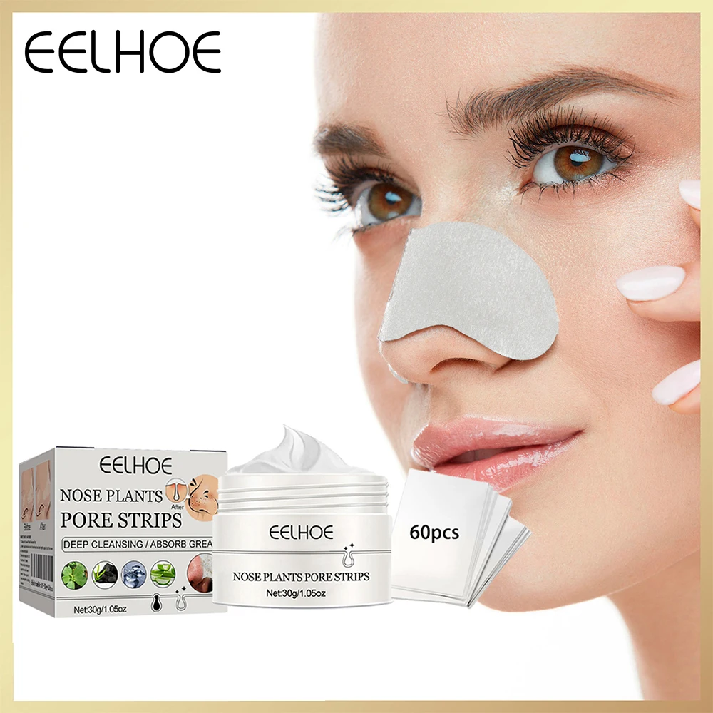 60Pcs Blackhead Remover Cream Paper Plant Pore Strips Nose Acne Cleansing Mud Mask Treatments Black Dots Peel Off Skin Care Tool