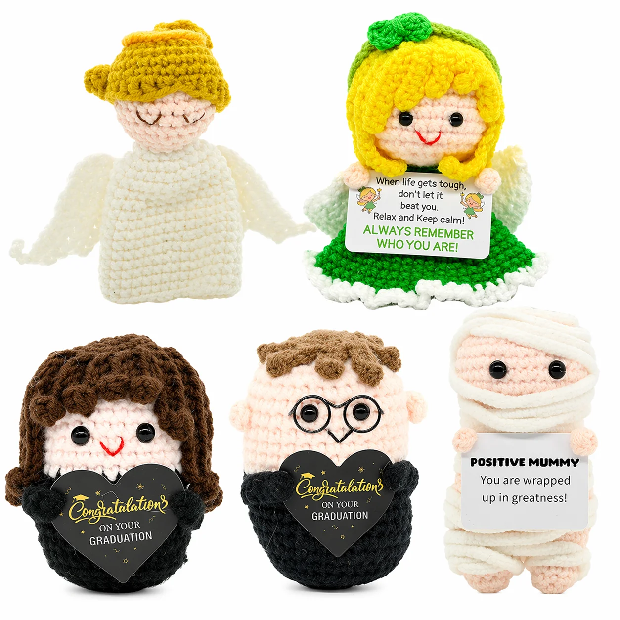 Character Series Positive Energy Crochet Student, Angel, Mommy Handmade Knitted Doll with Encouragement Card Desk Decor Gift