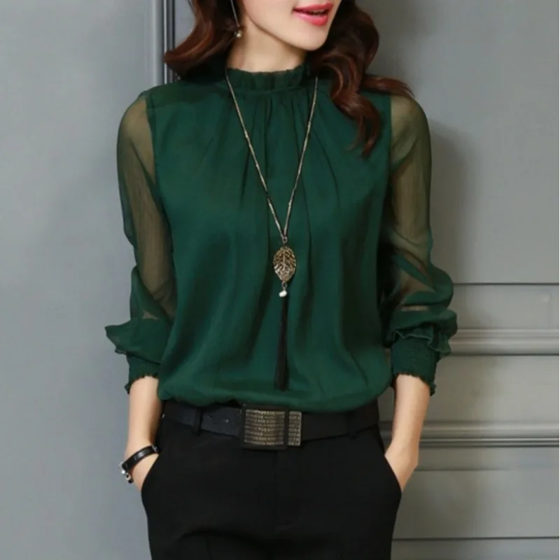 Spring Summer New Style Sexy Large Size Fashionable Mesh Chiffon Top with Lace Trim Stand Collar Base Shirt Women's Top