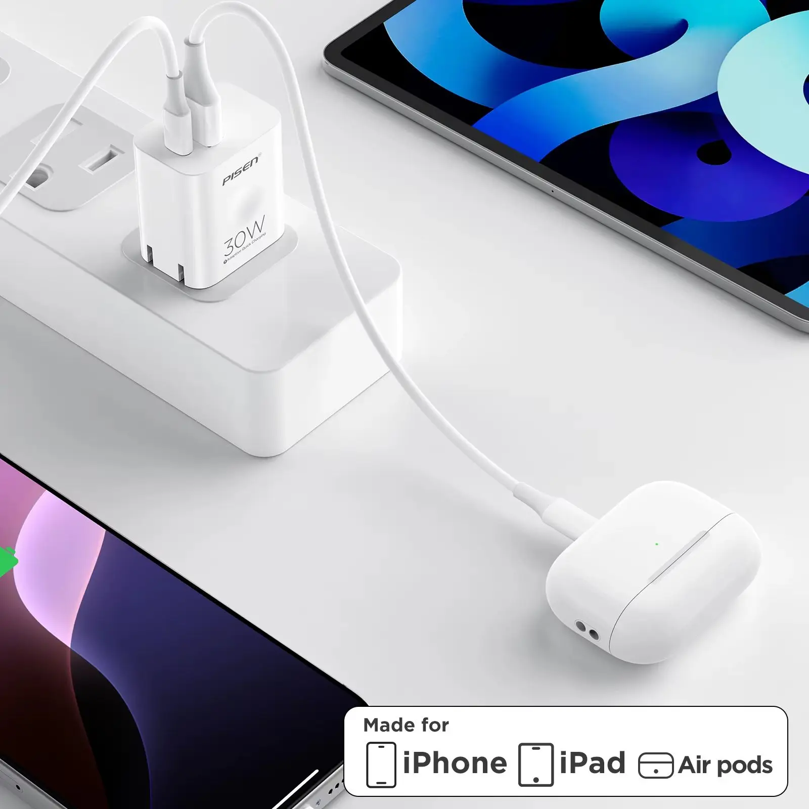 شاحن PISEN 30WPD QC 3.0 ثنائي المنفذ مع كابل 4 أقدام من النوع C إلى L قابل للطي لهاتف iPhone 14، 13، 12، 11 Pro Max XR XS X، IPad،