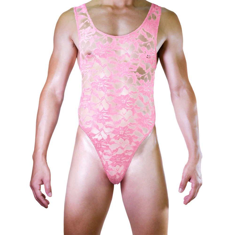 

Sexy Men Sheer Lace Jacquard Translucent Bodysuit Sleeveless High Cut Leotard Gym Fitness Breathable Jumpsuit Erotic Lingerie