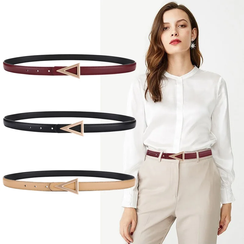 

New women's 1.8cm leather belt fashionable triangular buckle layer leather decorative dress casual pants casual versatile belt