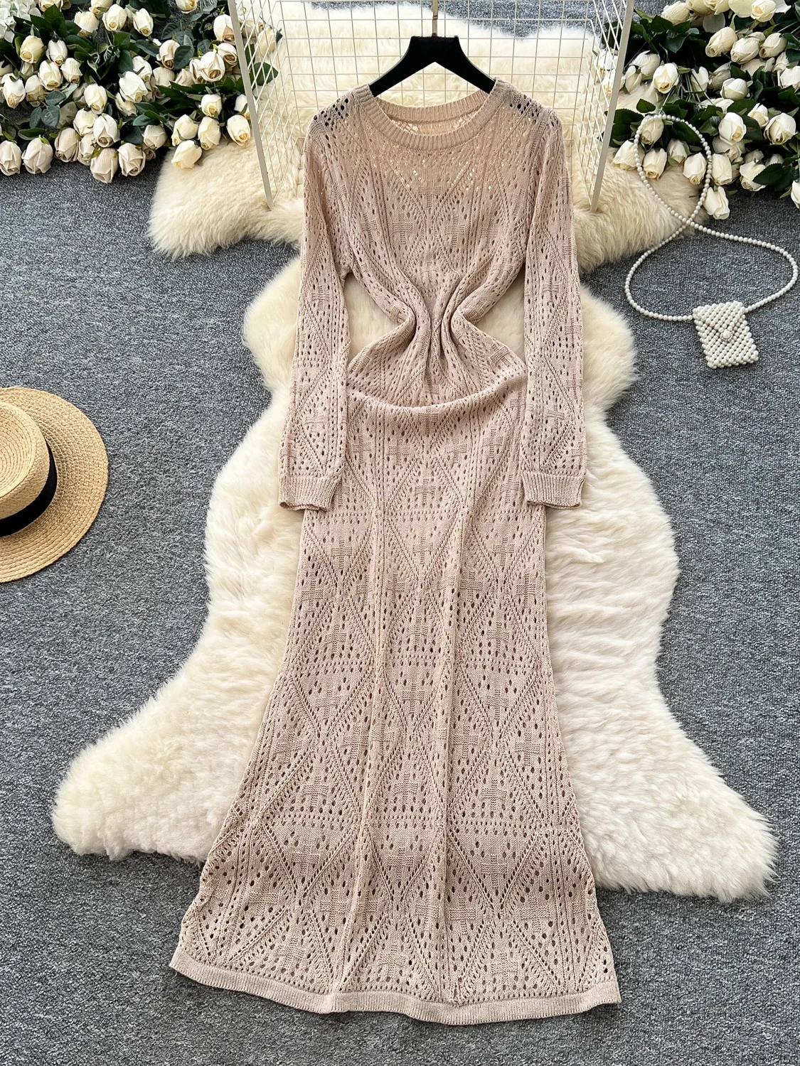

Korean Sle Hollow out Knitted Dr Women's Base Tank Top Outer Slimming Long Dr Autumn Season Casual Workwear