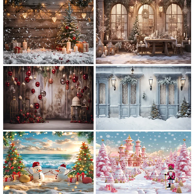 

Christmas Tree With Gift Boxes Photography Backdrops Winter Snow Decorations Wooden Door Fireplace Room Background Props WR-15