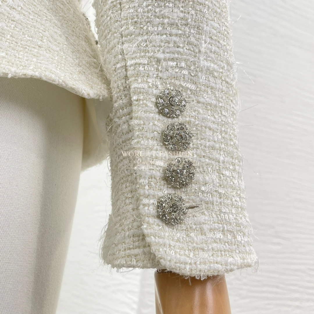 

Top Quality Ivory Long Sleeve Tweed Patchwork Ruched Pleat Fake Two Piece Blouse Tops and Skirt Set