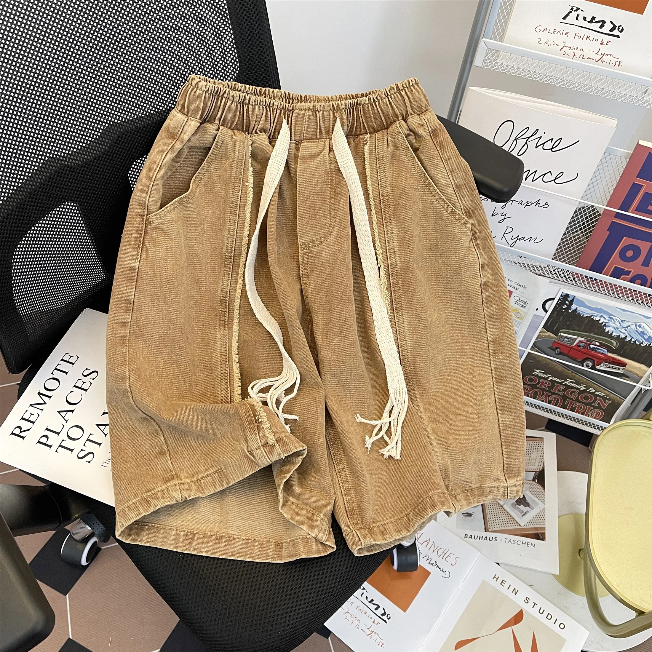 

American Sle Dstring Wide Leg Jeans orts Men's High Street Vintage Waed Loose Fit Five Tenths Mid-Length Casual Jeans