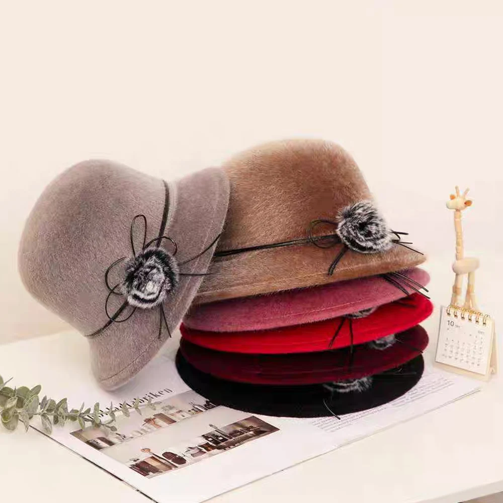 Vintage Women Bucket Cap Solid Bow Woolen Felt Fedoras Hat Female Winter Autumn Ladies Dome Felt Wedding Church Jazz Caps Bowler