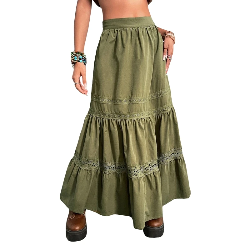 90s Vintage Green Pleated Skirts Korean Fashion Holiday Boho High Waist Long Skirts Retro Y2K Fairycore Cute Lace Trim Clothes