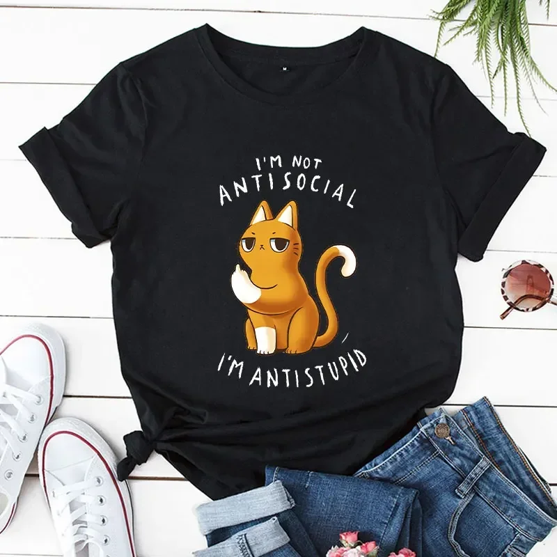 Casual Tees Ladies I'm Not Antisocial I 'm Antistupid Aesthetic Trend Summer Female Clothes Tshirt Tops Women Cat Cartoon Tshirt