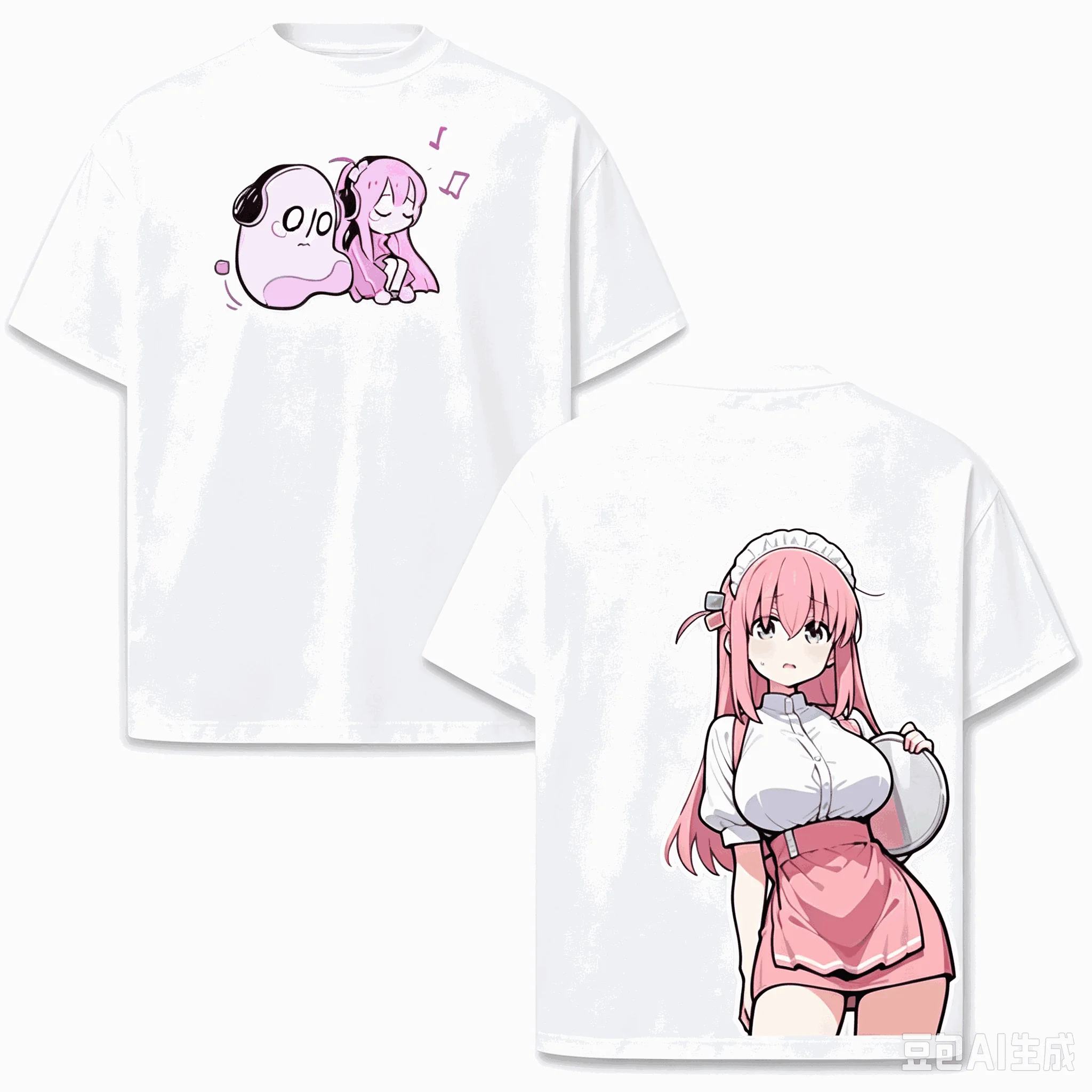 Anime Bocchi The Rock Hitori Gotoh Dienstmädchen-Outfit Doppelseitig Bedrucktes T-Shirt für Männer und Frauen Vintage Y2K Gothic Baumwolle Oversized T-Shirts – Detail 5