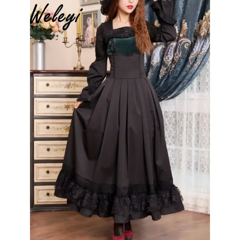 

Lolita Jirai Kei Black Long Skirt Ladies Y2k Clothes 2024 Spring and Autumn New Retro Court Victoria Waist Big Skirts for Women