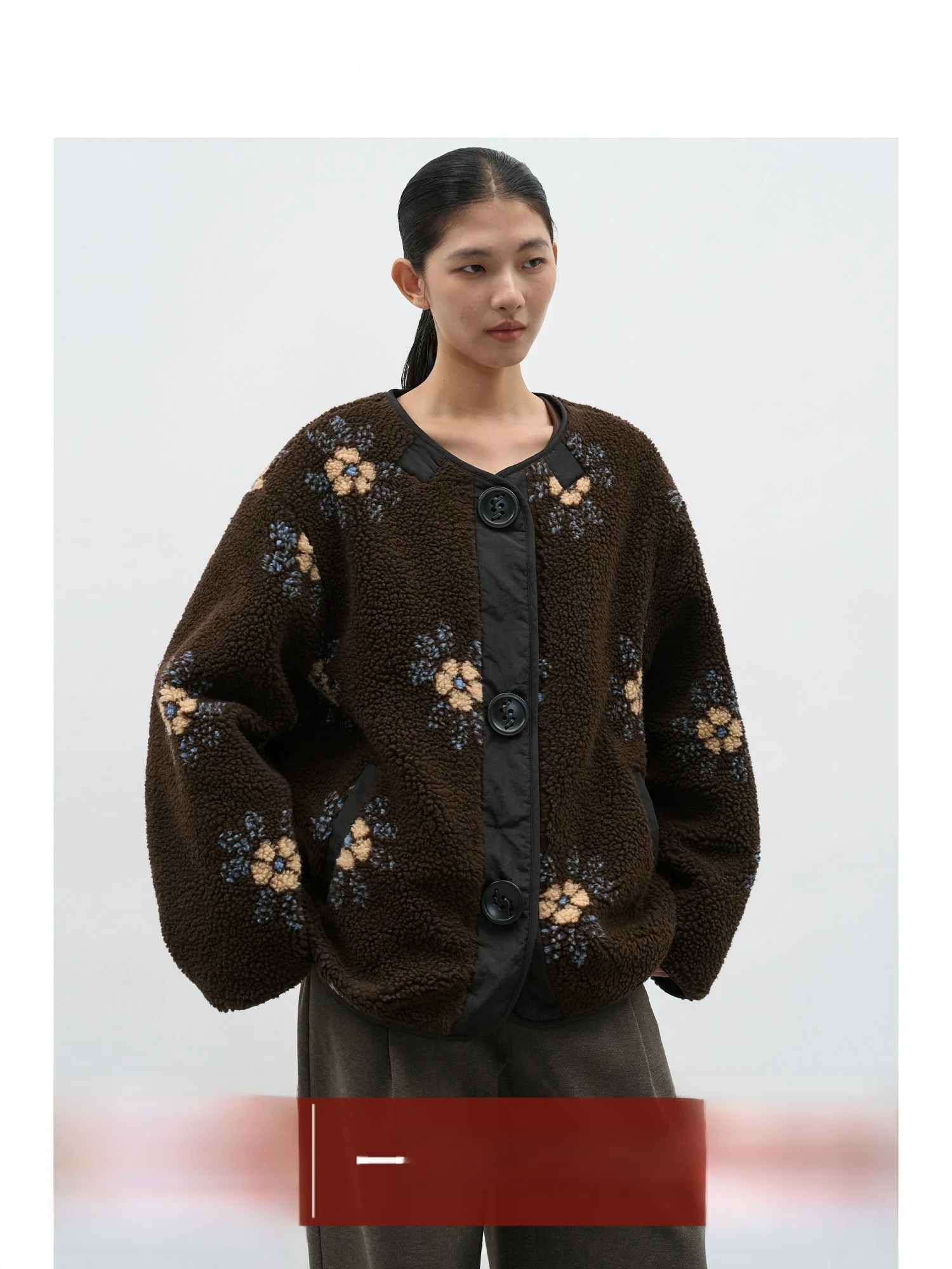 

EIGHTHMONTH Women's Lamb Fur Jaet Loose Fit Winter Design Casual Sle Floral Embroidery Vintage Slimming Outerwear