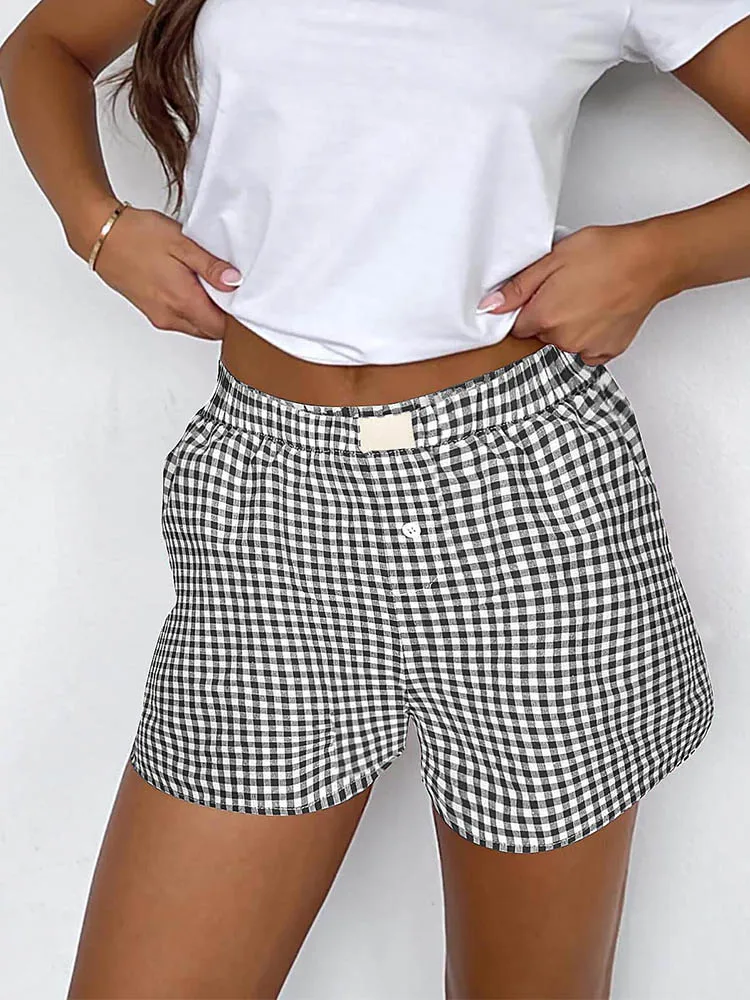 

Shorts for Women Teen-girls Elastic Waistband Pull-on Red Blue Plaid Shorts Outfit Casual Lounge Summer Shorts