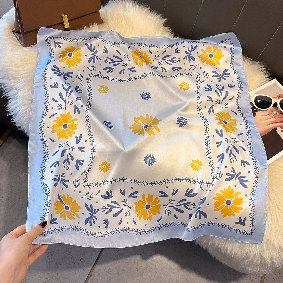 Bufanda femenina de seda simulada cuadrada pequeña de 70cm, Hijab, diadema femenina, pañuelo, corbata Floral para el cuello para mujer