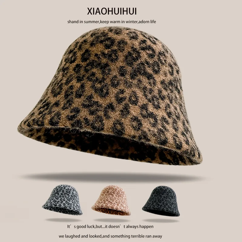 

American Winter Leopard Print Jacquard Wool Blended Bucket Hats for Men's and Women's Personalized Warm Wide-brimmed Basin Caps