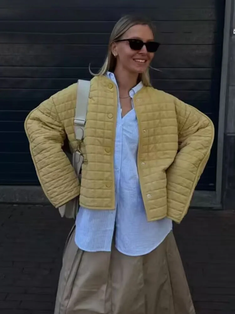 

HH женская осенняя мода 2025 года, универсальная 2-цветная хлопковая куртка в клетку, женская шикарная уличная повседневная куртка со скрытыми пуговицами