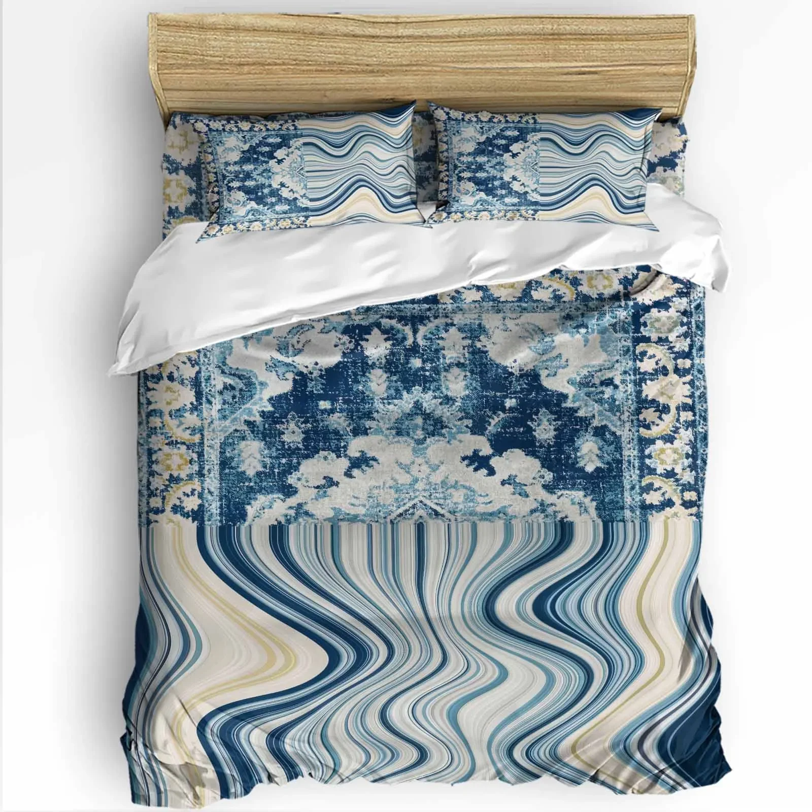 Blue Vintage Carpet The-4piece Textile Set on the Bed Includes Two Pillowcases One Duvet cases One Bedsheet Customization