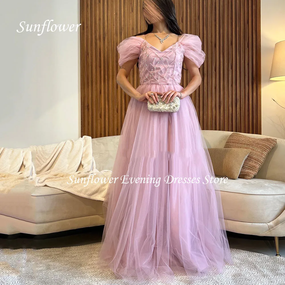 Sunflower V-Neck Prom Gown A-LINE Evening Dress Slim Lace Appliques Tulle Short Sleeves Party Dress 2023 Floor-Length Prom Dress