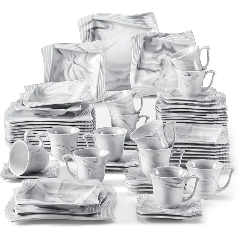 60-Piece Square Plates and Bowls Sets, Porcelain Dinnerware Set with Dinner Plate Set, Soup Bowls, Cups and Saucers,Set for 12