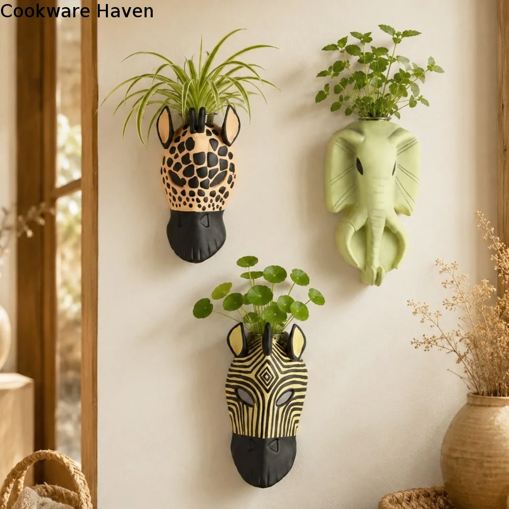 3D Animal Wall Mounted Flowerpot Abstract Design Elephant Head Leopard Style Hanging Planter Unique Wall Art Decor