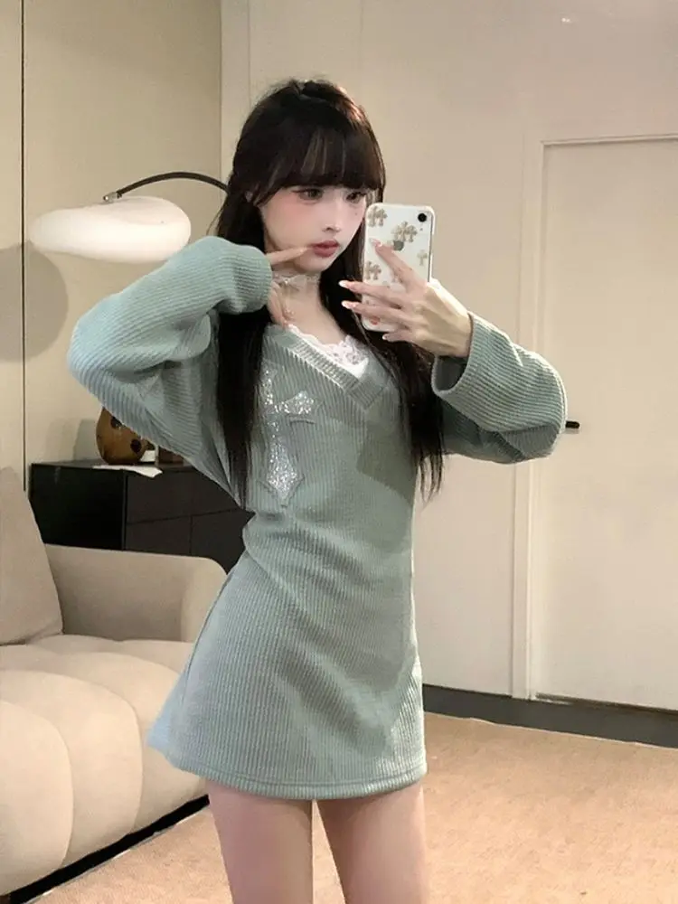 

Japan Sweetly Designed Cross Brick Skirt, New Retro Slimming And Versatile Long-Sleeved Dress